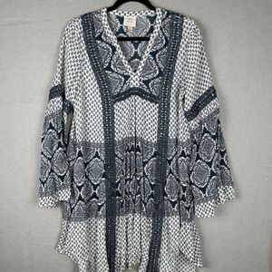 Knox Rose Womens S Loose Shift Dress Long Sleeve Cream Green Hippie Peasant